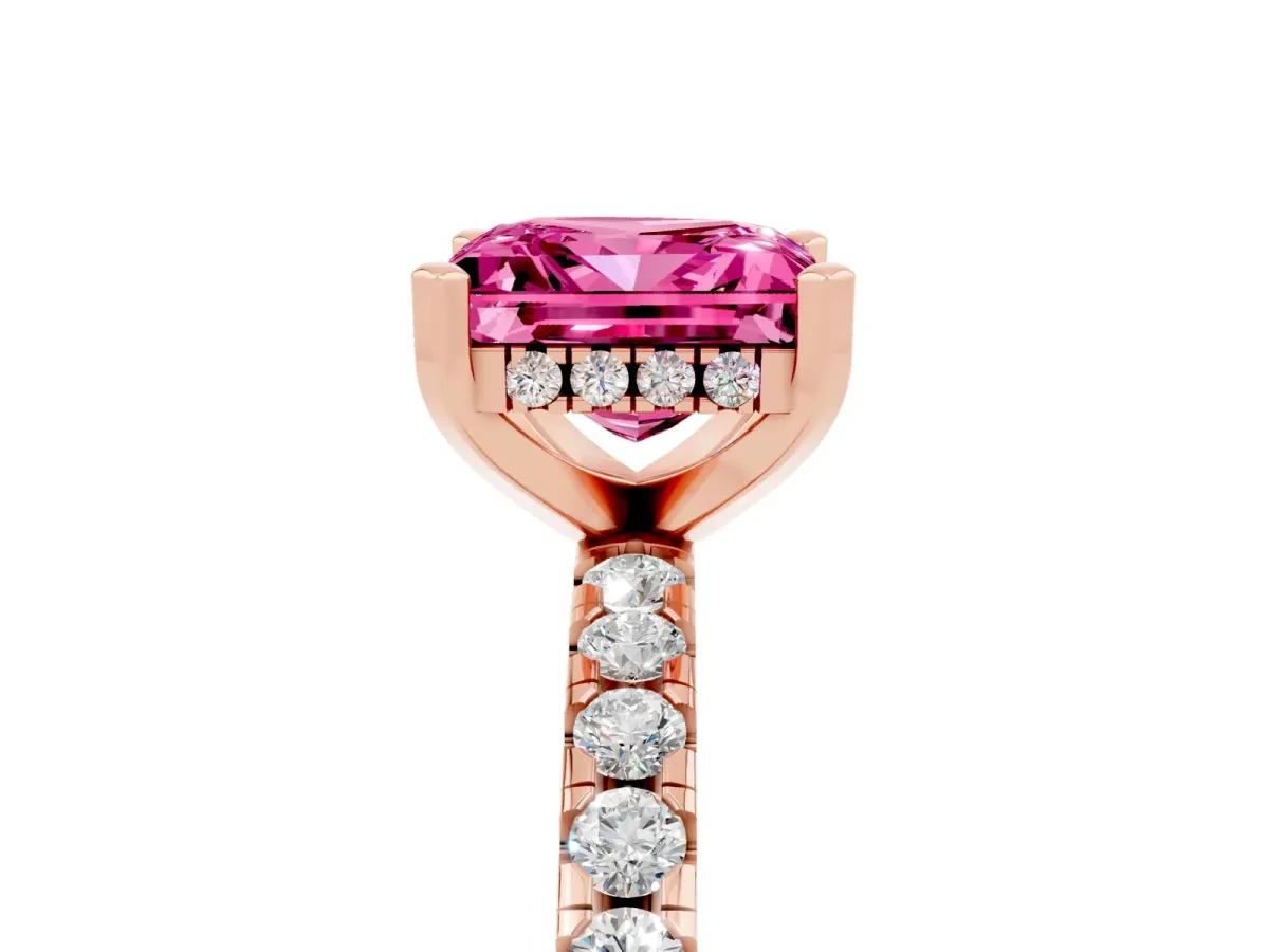 Princess Cut Pink Sapphire Solitaire Ring with Round Pavé Band and Four-Prong Setting Rose gold