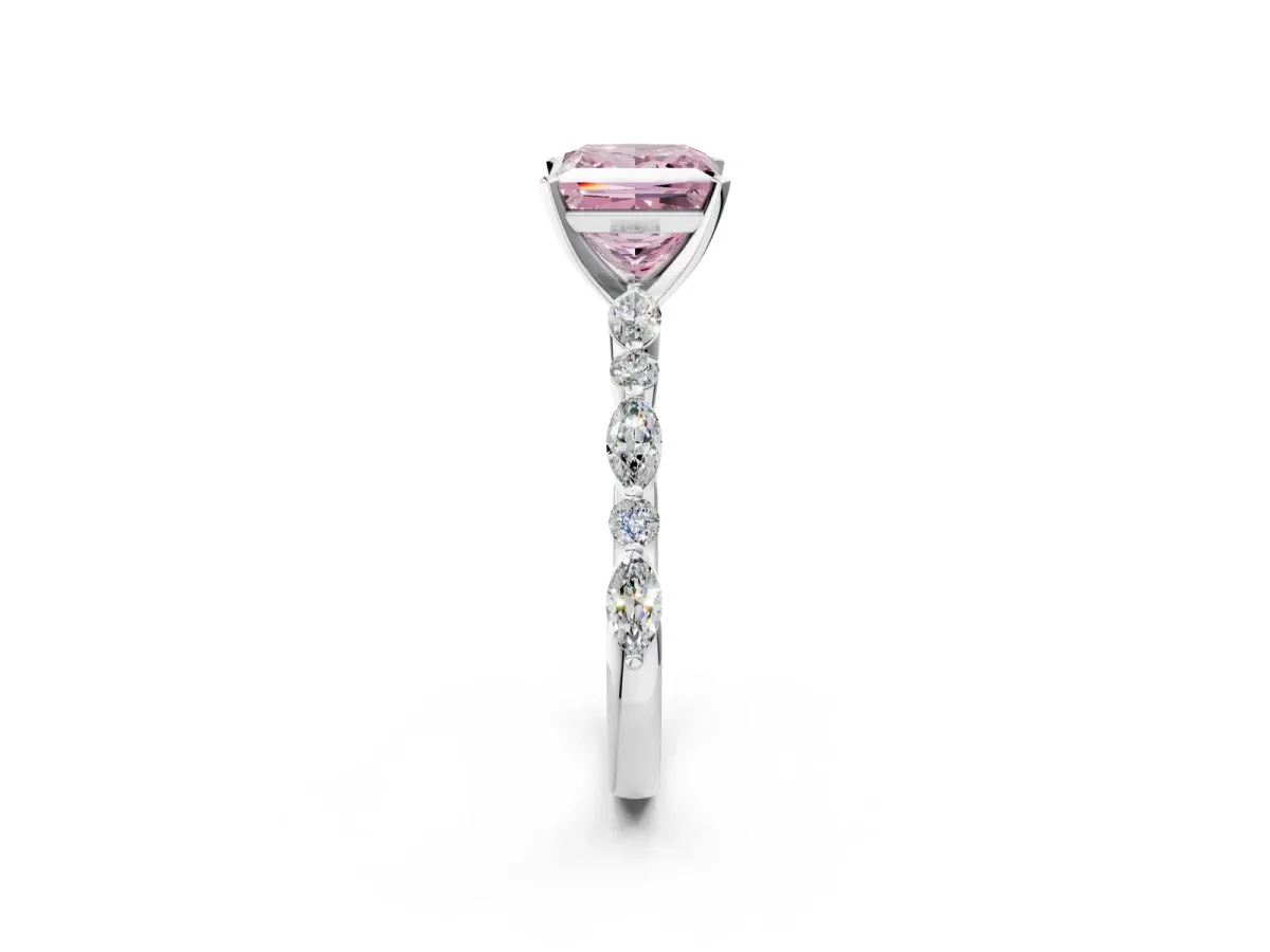Fancy Pink Princess Cut Diamond Ring with Marquise and Round Side Stones and Four-Prong Setting White gold