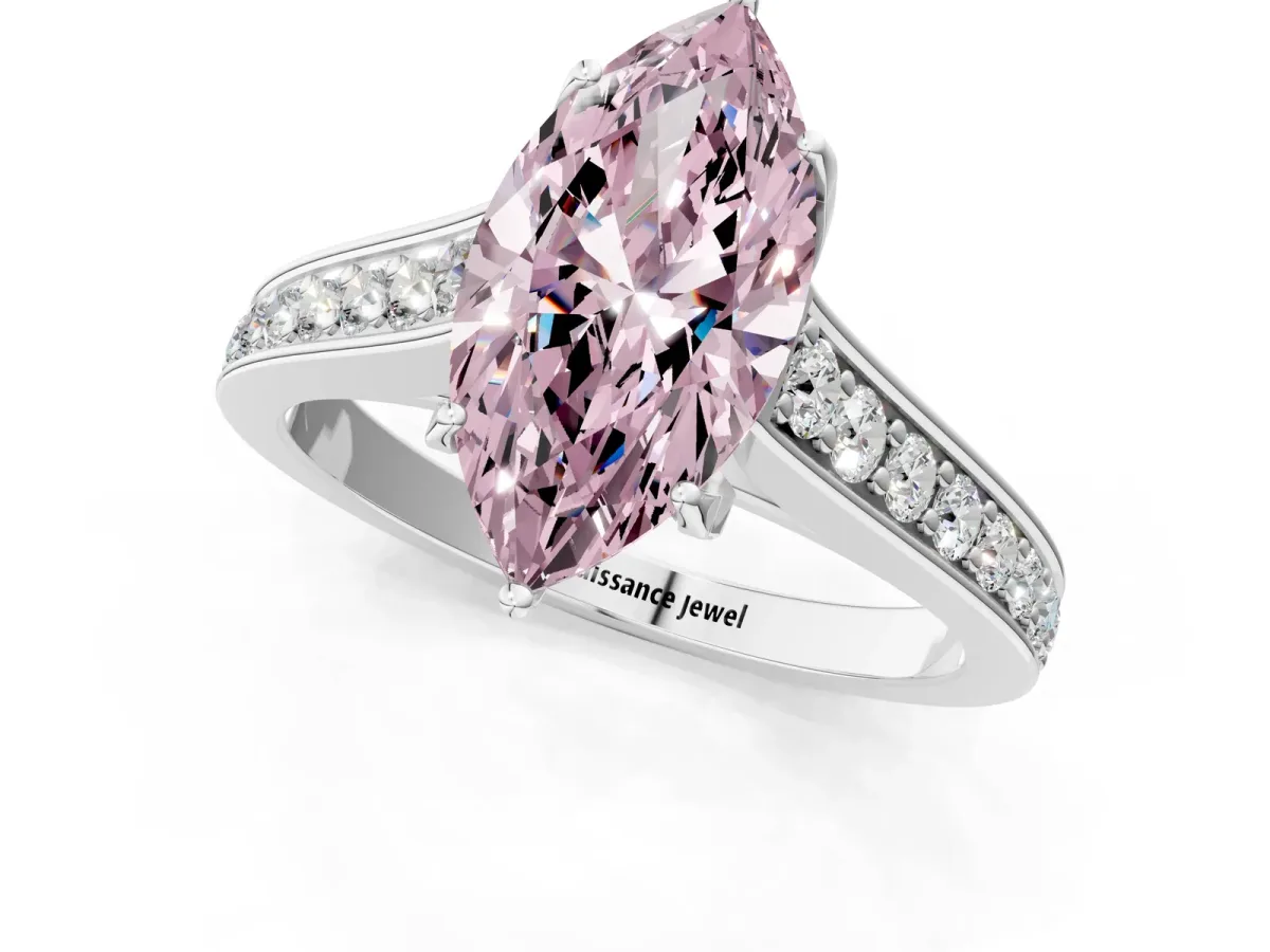 Fancy Pink Marquise Cut Brilliant Cut Diamond Engagement Ring with Pavé Band and Four-Prong Setting Platinum