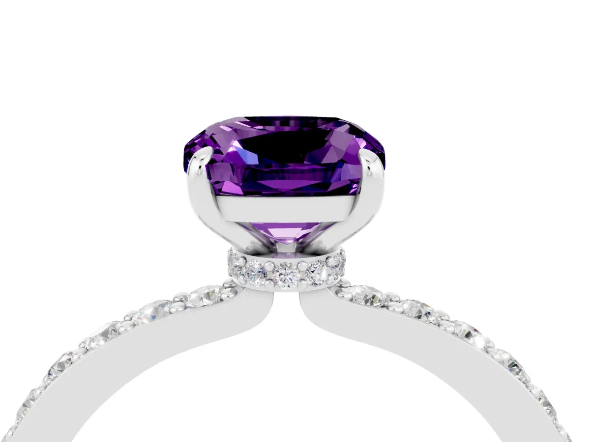 Cushion Cut Amethyst Solitaire Engagement Ring with Pavé Band and Four-Prong Setting Silver
