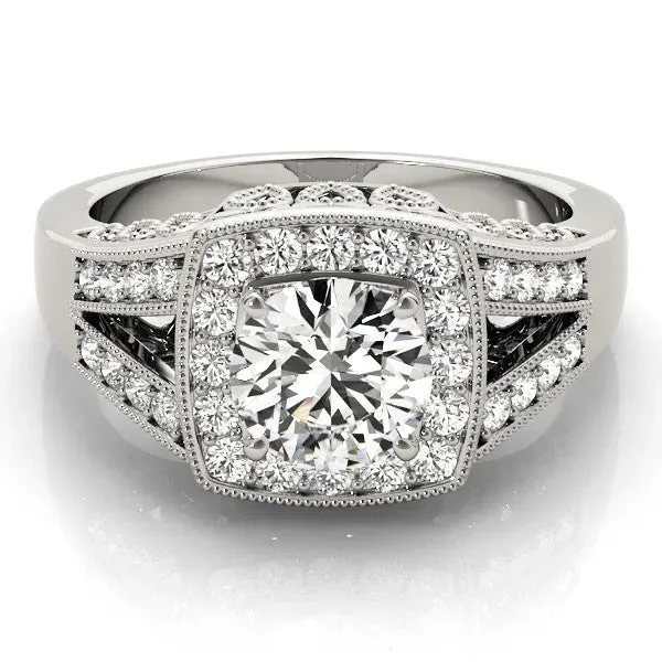 Heart Cut Halo Split Shank Diamond Ring with Milgrain Prong Setting Platinum