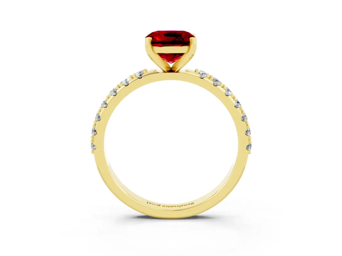 Cushion Cut Ruby Solitaire Pavé Band with Four-Prong Setting Yellow gold