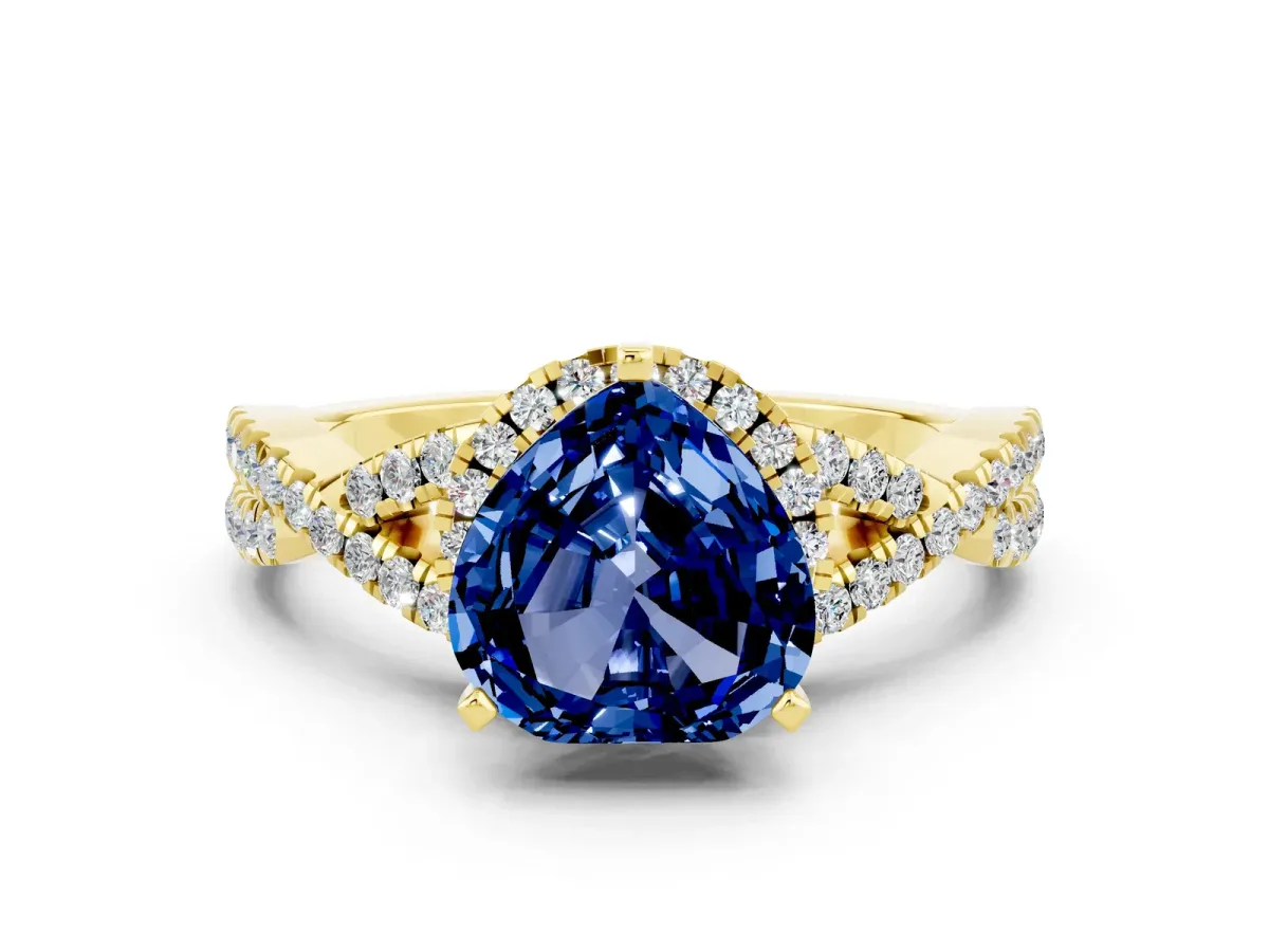 Heart Cut Blue Sapphire Halo Twist Band Solitaire Prong Setting Ring Yellow gold