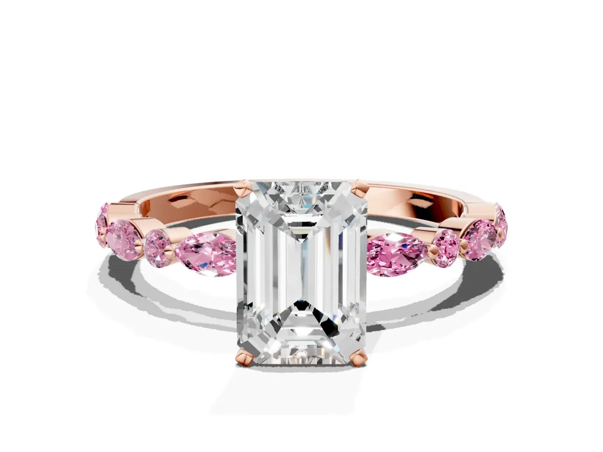 Emerald Cut Diamond Ring with Marquise and Round Pink Sapphire Side Stones and Four-Prong Setting Rose gold