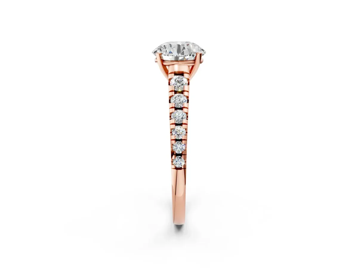 Round Cut Diamond Cathedral Solitaire Ring with Round Pavé Band Rose gold