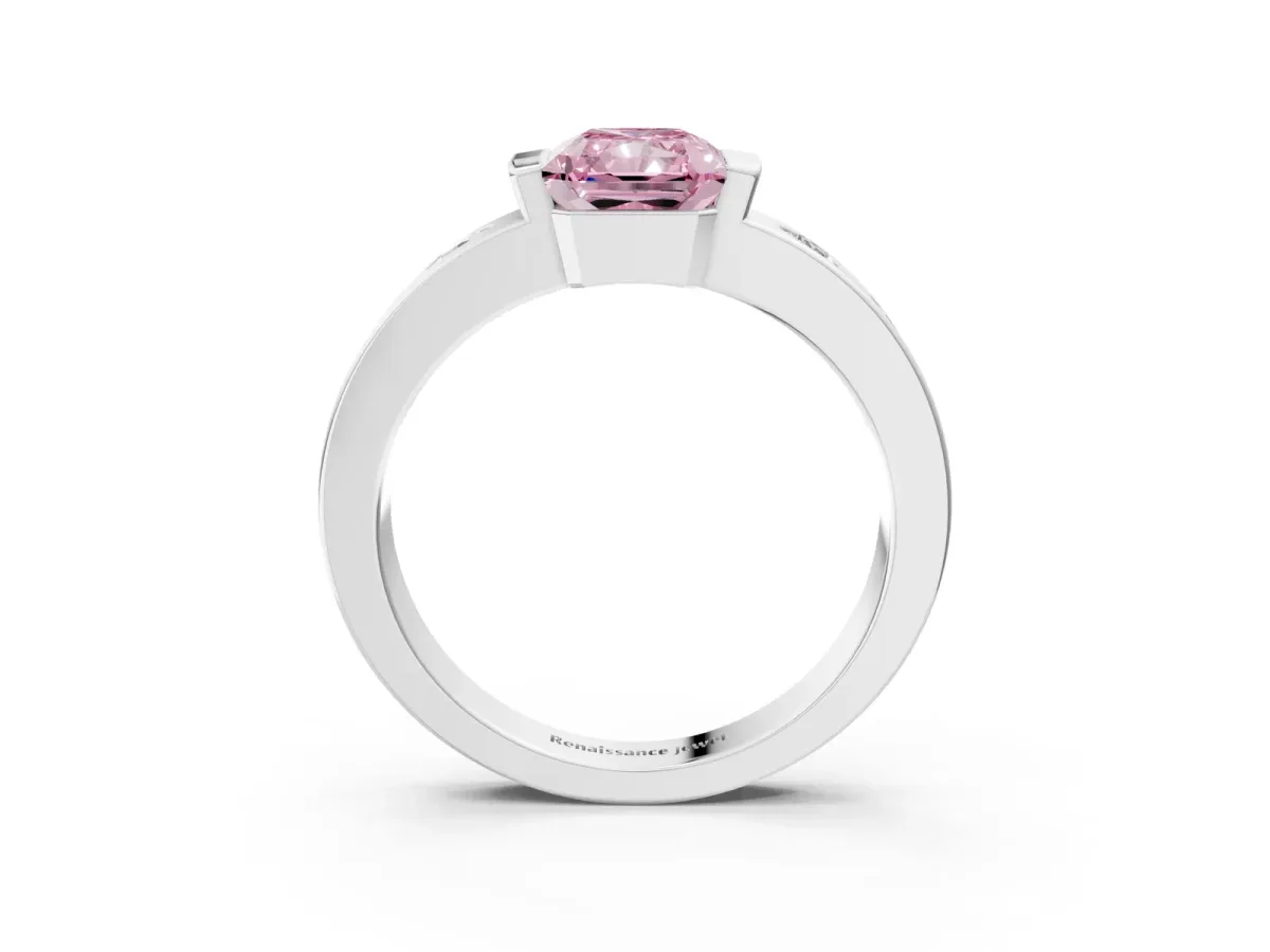 Fancy Pink Radiant Cut Brilliant Channel-Set Diamond Ring with Bezel Prong Setting Platinum
