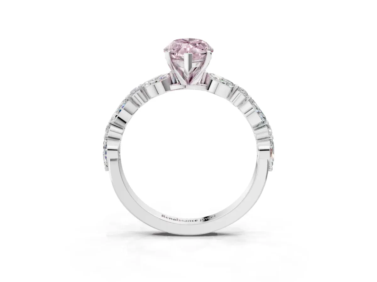 Fancy Pink Marquise Cut Diamond Ring with Marquise and Round Side Stones and Four-Prong Setting White gold