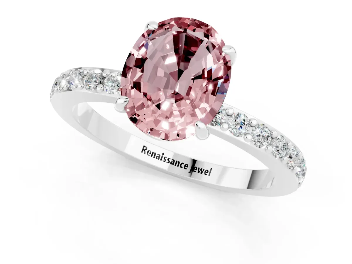 Oval Cut Morganite Solitaire Engagement Ring with Pavé Band and Four-Prong Setting Silver