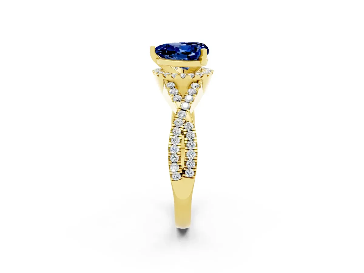 Heart Cut Blue Sapphire Halo Twist Band Solitaire Prong Setting Ring Yellow gold