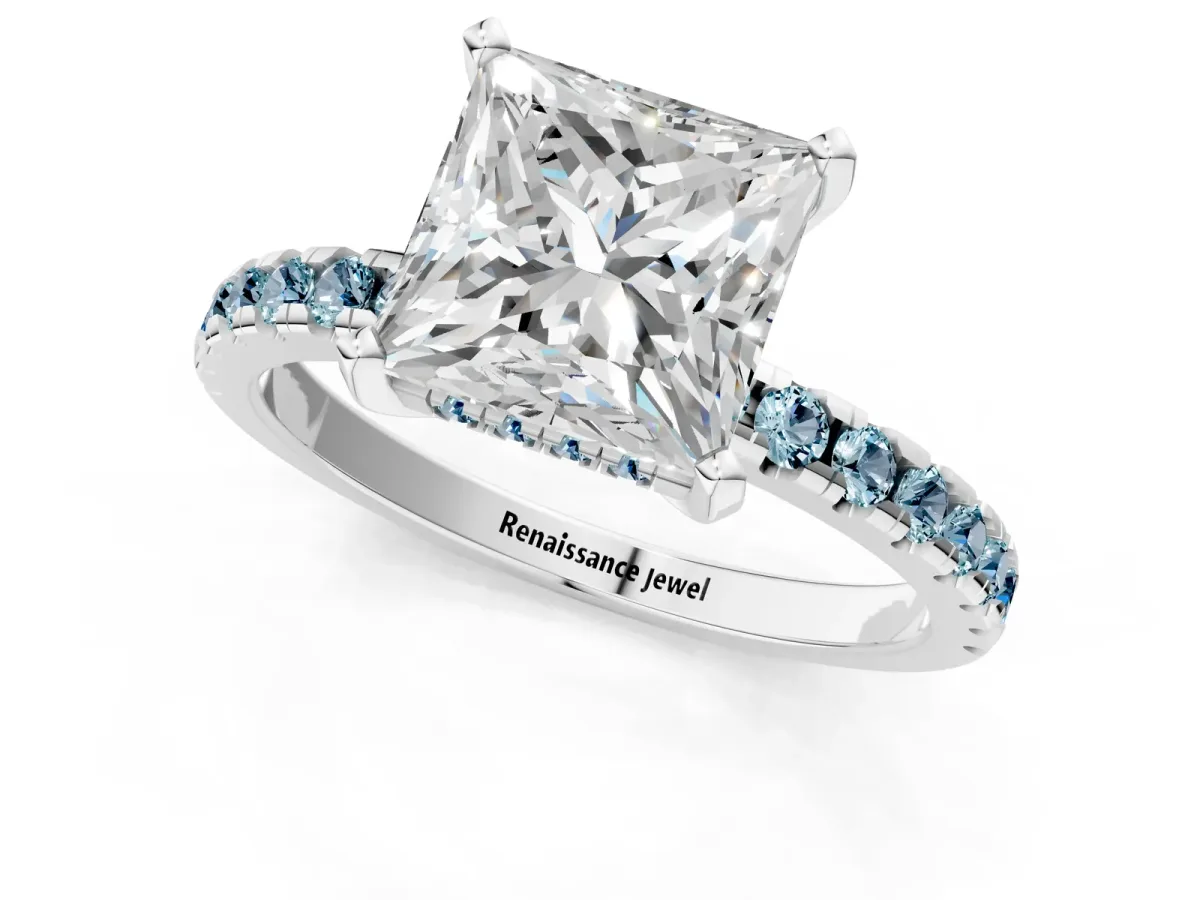 Princess Cut Diamond Solitaire Ring with Round Aquamarine Pavé Band and Four-Prong Setting Platinum