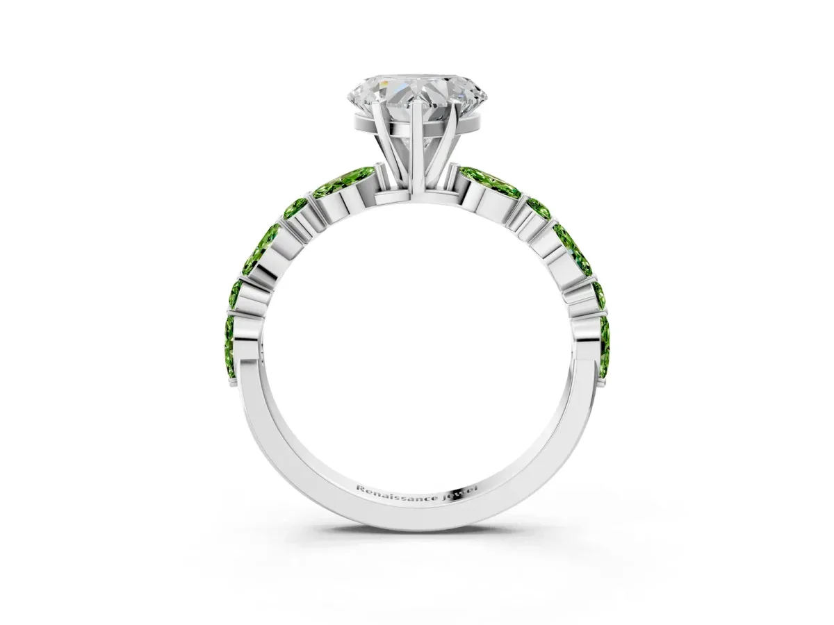 Heart Cut Diamond Ring with Marquise and Round Peridot Side Stones and Four-Prong Setting White gold