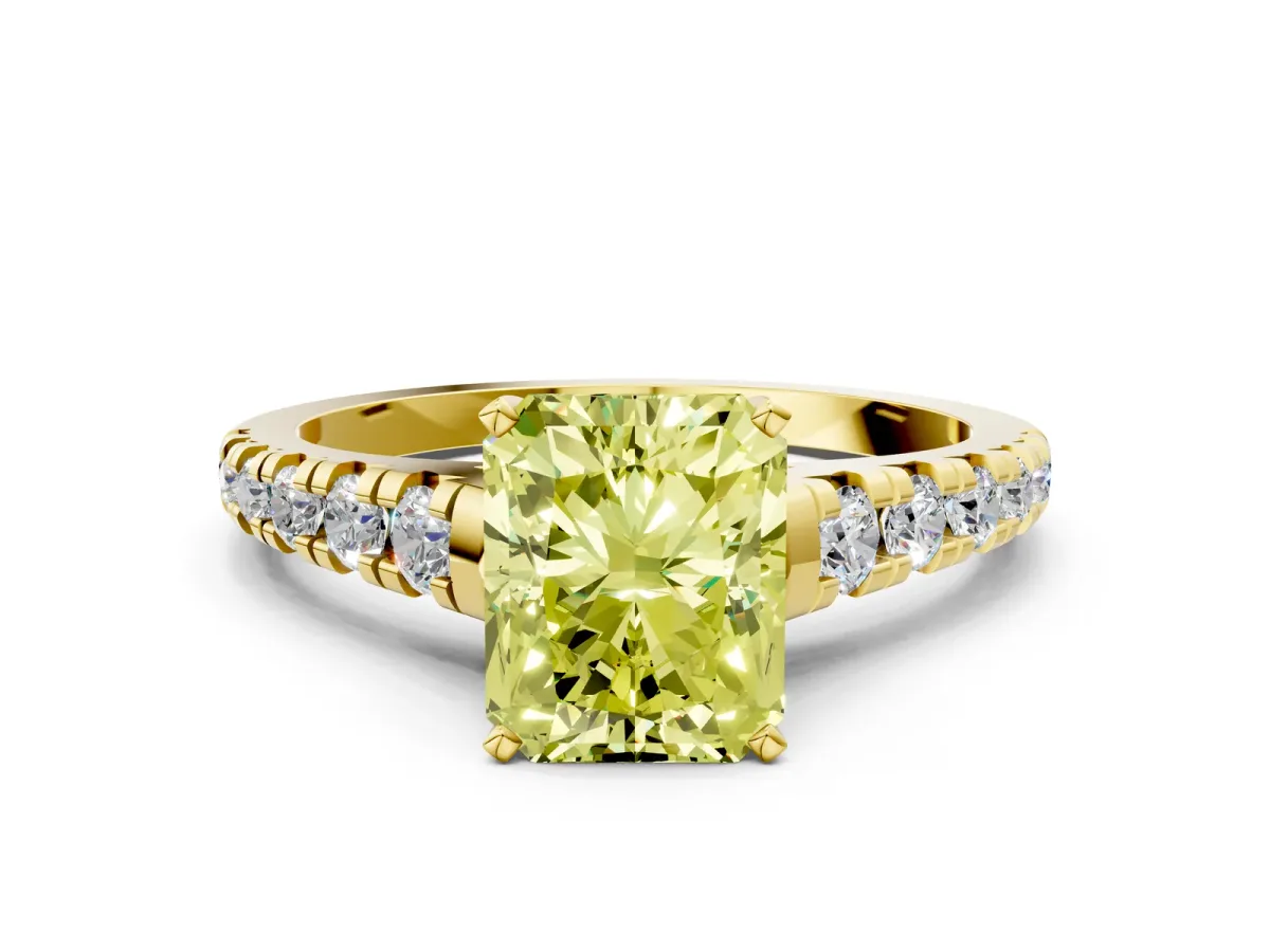 Fancy Yellow Radiant Cut Diamond Cathedral Solitaire Ring with Round Pavé Band Yellow gold