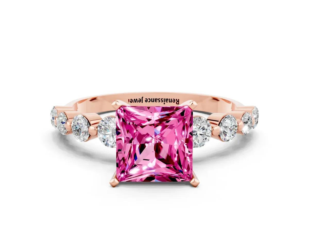 Princess Cut Solitaire Pink Sapphire Ring with Pave Band and Four-Prong Setting Rose gold