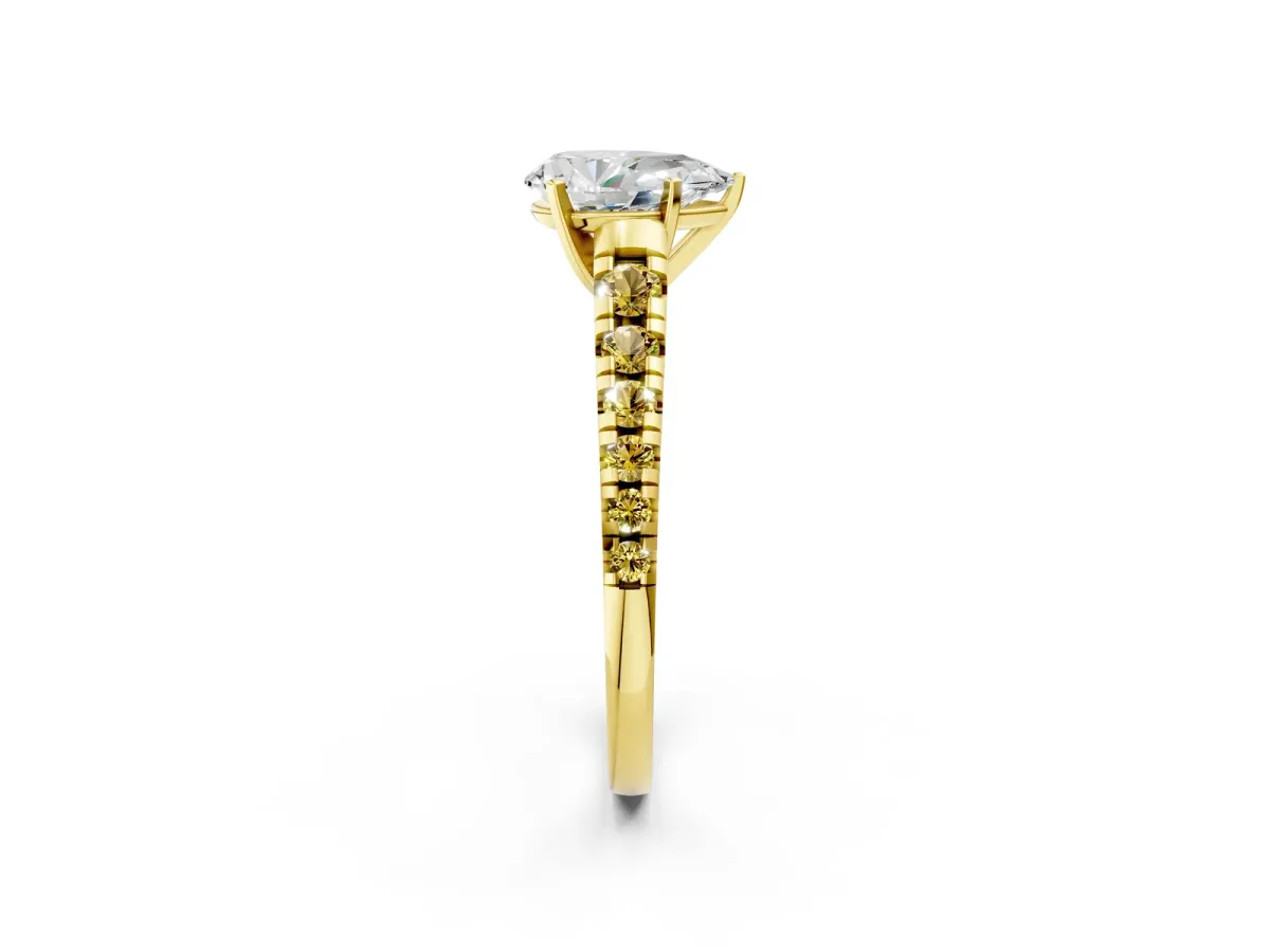 Pear Cut Diamond Cathedral Solitaire Ring with Round Yellow Sapphire Pavé Band Yellow gold
