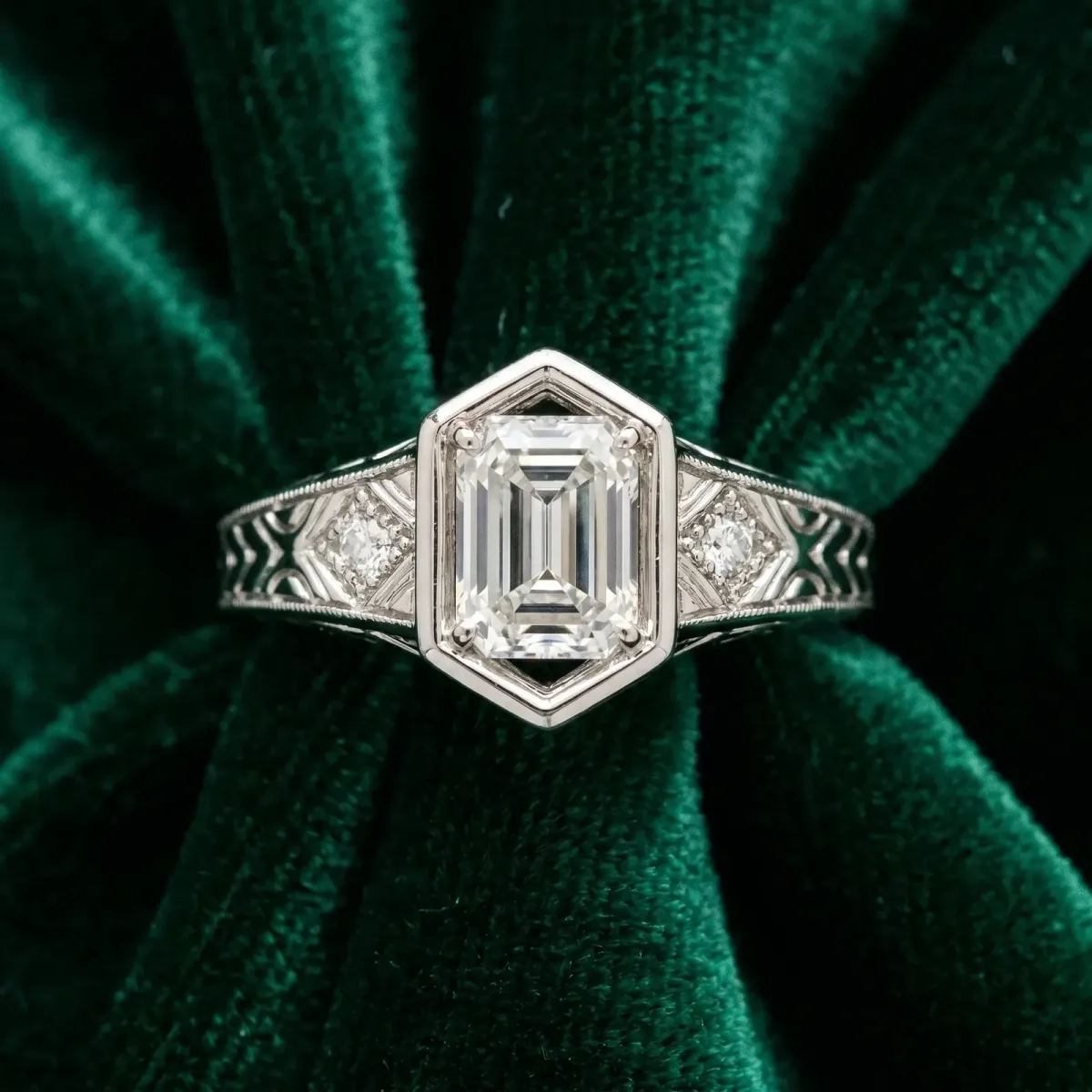 Hexagonal Bezel Emerald Cut Diamond Engraved Band Prong Ring Platinum