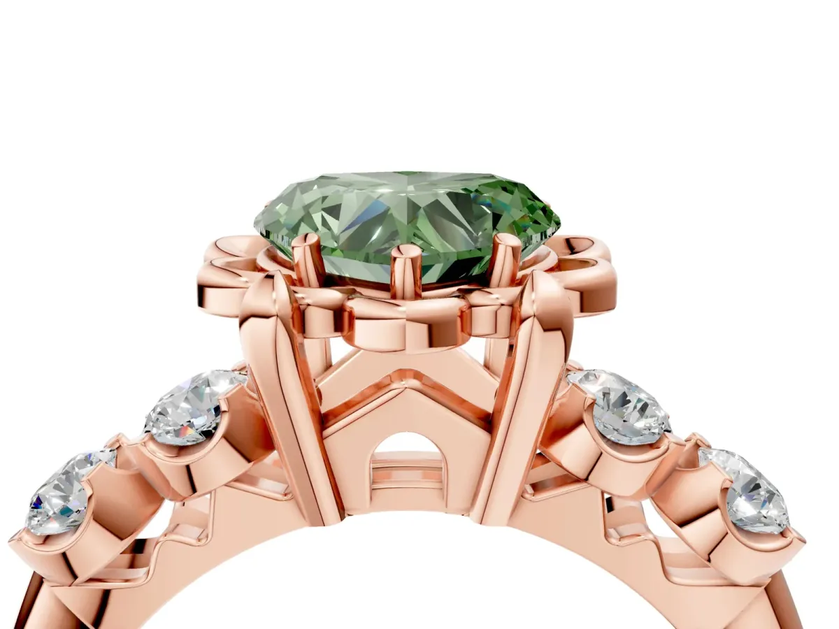 Fancy Green Heart Cut Cut Diamond Floral Halo Engagement Ring with Shared Prong Setting Rose gold