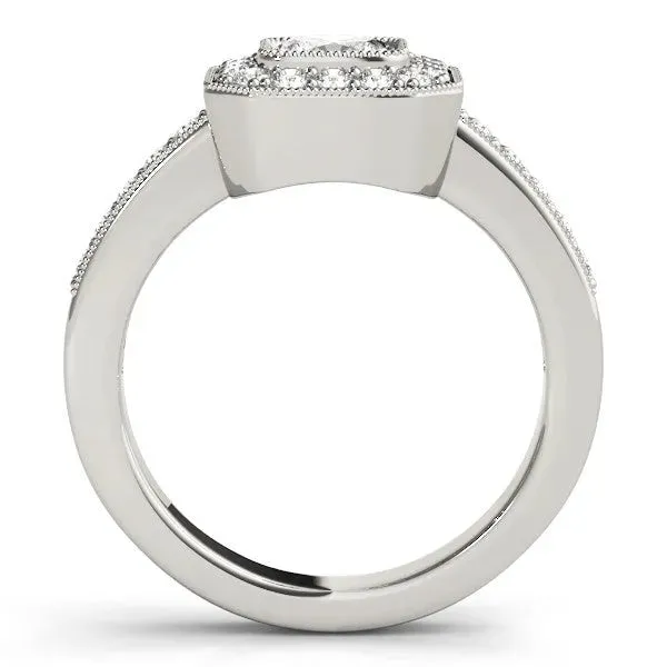 Cushion Cut-Cut Diamond Halo Engagement Ring with Pave Band and Prong Setting White gold
