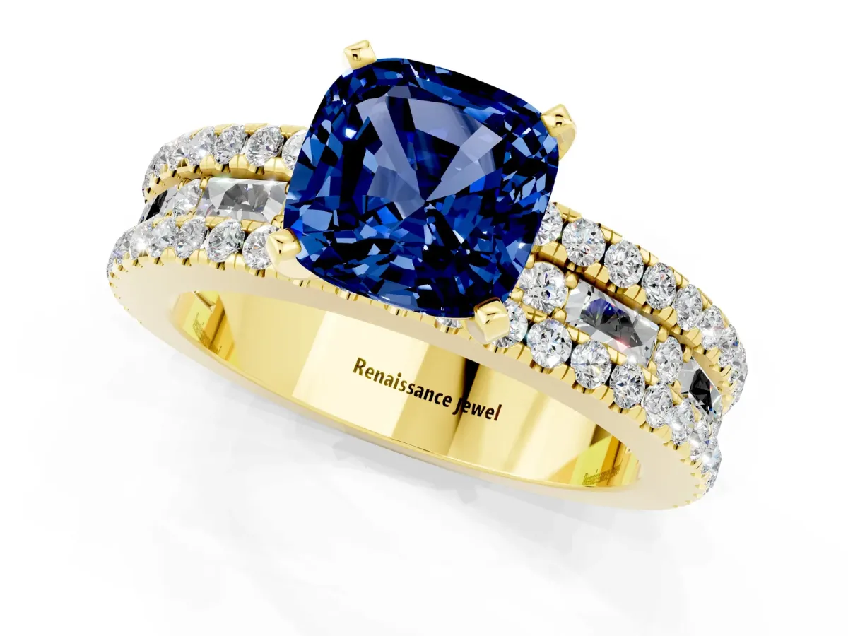 Cushion Cut Blue Sapphire Solitaire Ring with Pavé and Channel Set Band Yellow gold