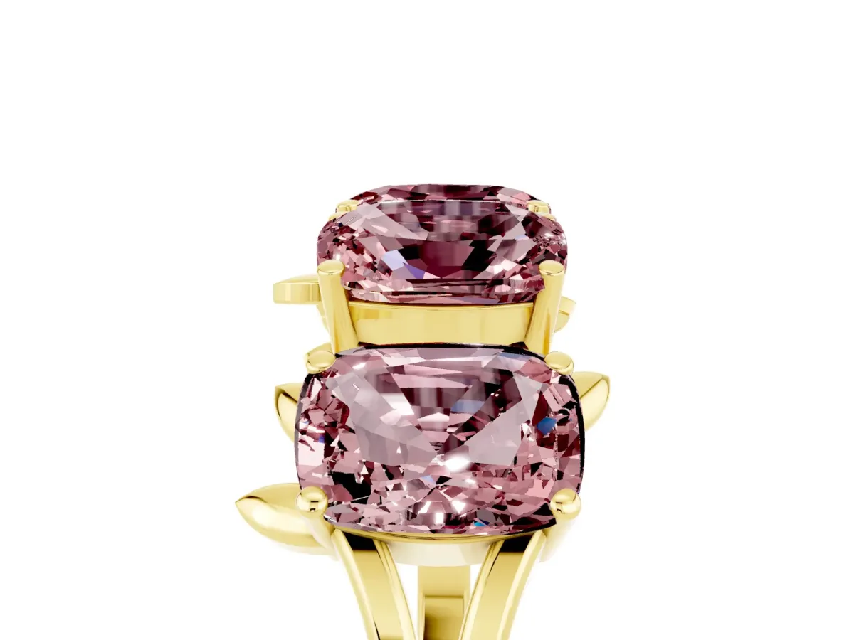 Four-Stone Elongated Cushion Morganite Band with Nature-Inspired Prong Setting Yellow gold