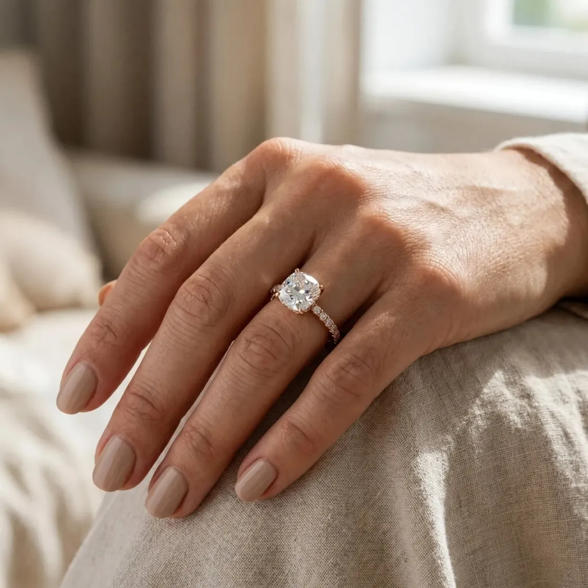 Cushion Cut Moissanite Solitaire Ring with Round Pavé Band and Four-Prong Setting Rose gold