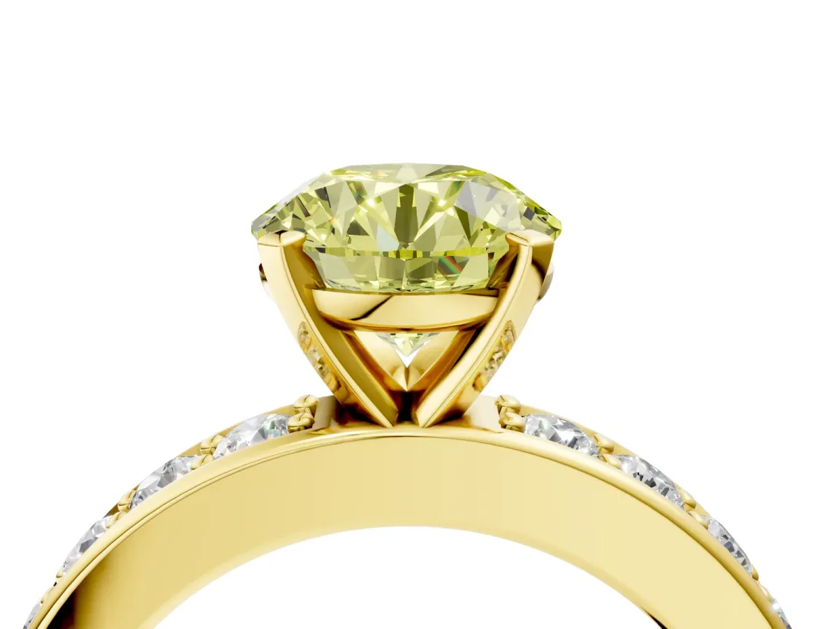 Fancy Yellow Round Cut Diamond Engagement Ring with Channel Set Round Band and Prong Setting Yellow gold