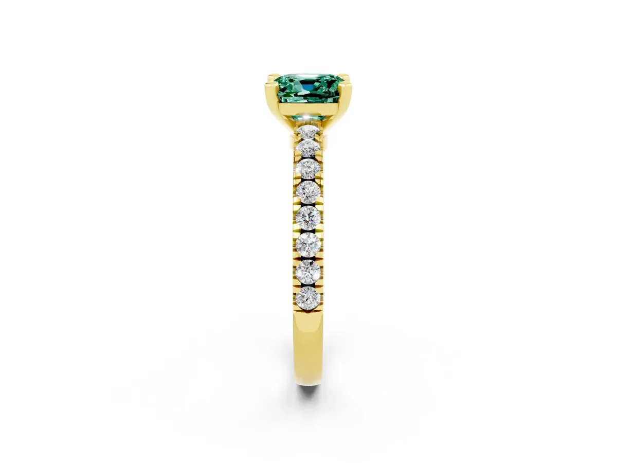 Cushion Cut Solitaire Green Sapphire with Pavé Band and Four-Prong Setting Yellow gold