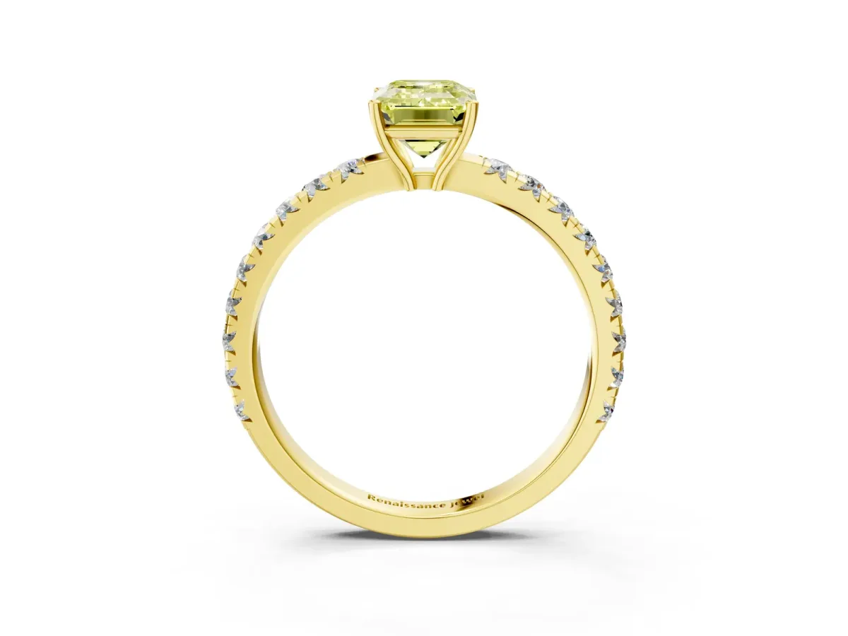Fancy Yellow Emerald Cut Diamond Pavé Solitaire Engagement Ring with Four-Prong Setting Yellow gold