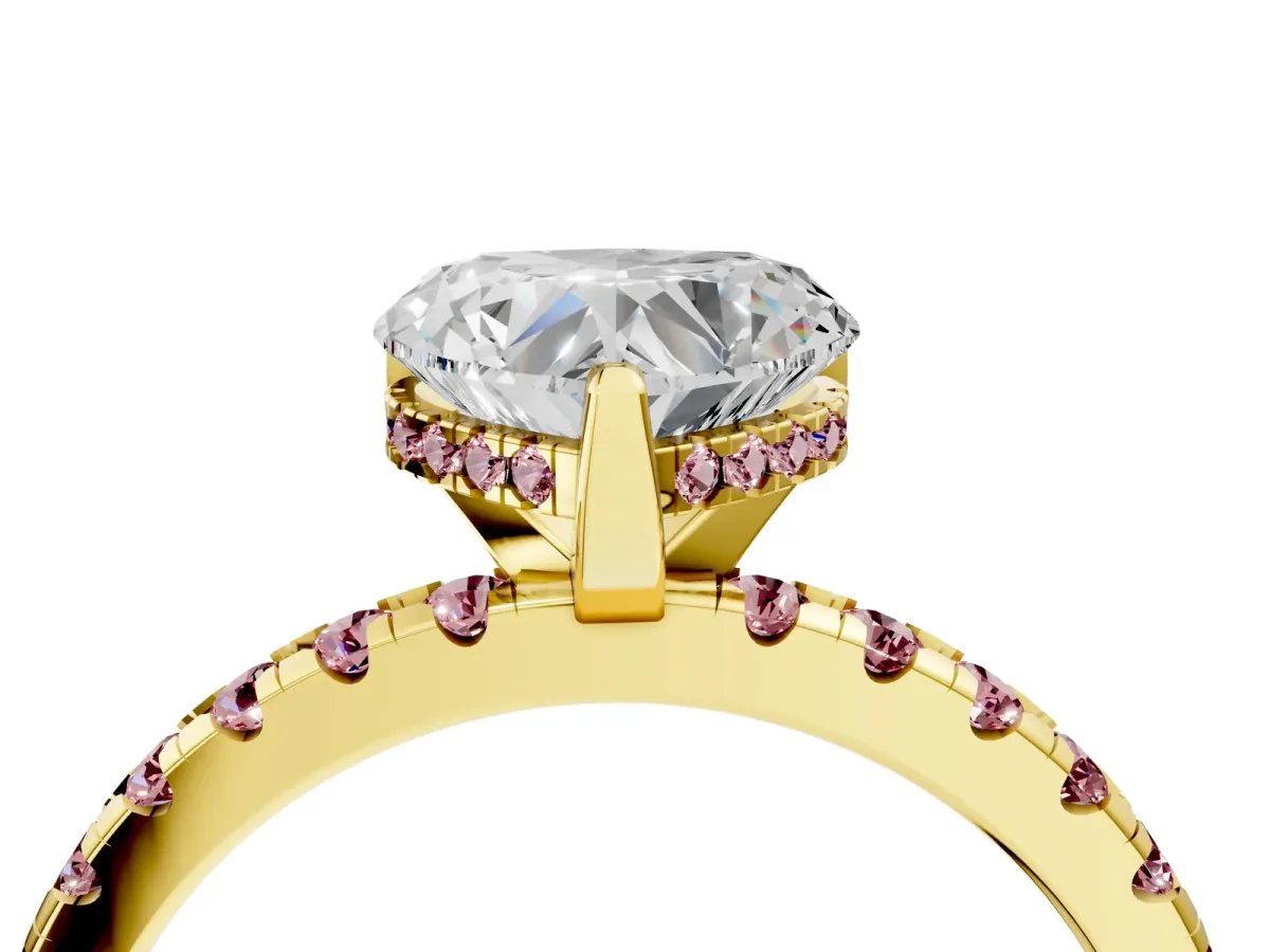 Heart Cut Diamond Solitaire Ring with Round Morganite Pavé Band and Four-Prong Setting Yellow gold