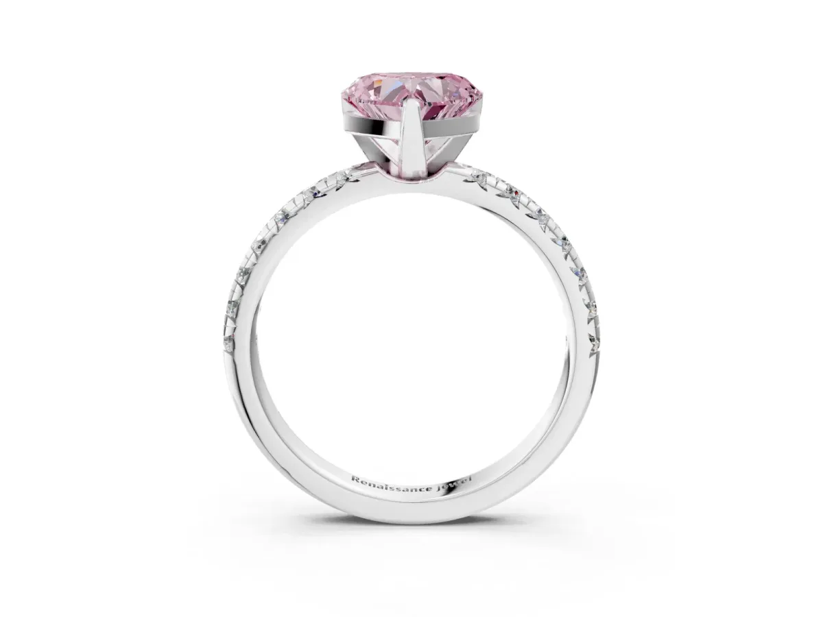 Fancy Pink Heart Cut Diamond Solitaire Pavé Engagement Ring with Round Band and Prong Setting White gold