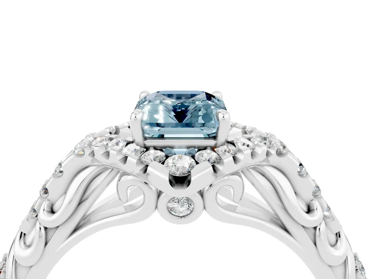 Emerald Cut Aquamarine Solitaire Ring with Hidden Halo and Pavé Band White gold