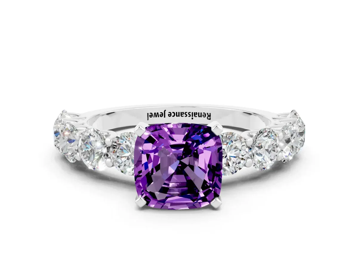 Cushion Cut Amethyst Prong Setting with Side Stones on a Pave Band Silver