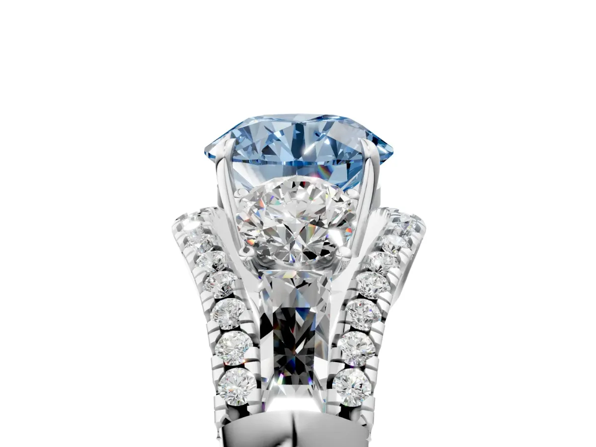 Fancy Blue Three-Stone Round Cut Diamond Engagement Ring with Pave Band and Prong Setting Platinum