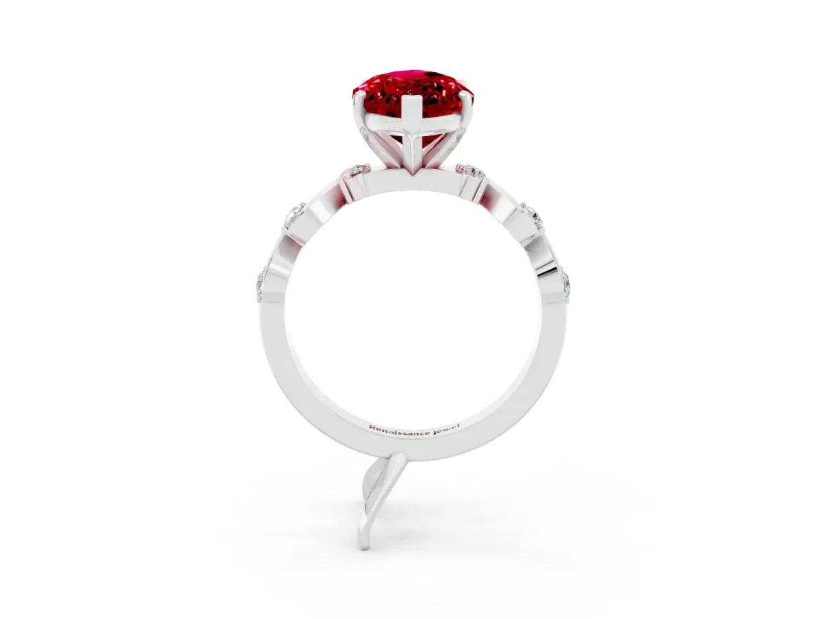 Marquise Cut Ruby Solitaire Twisted Band with Round Accents and Prong Setting Silver