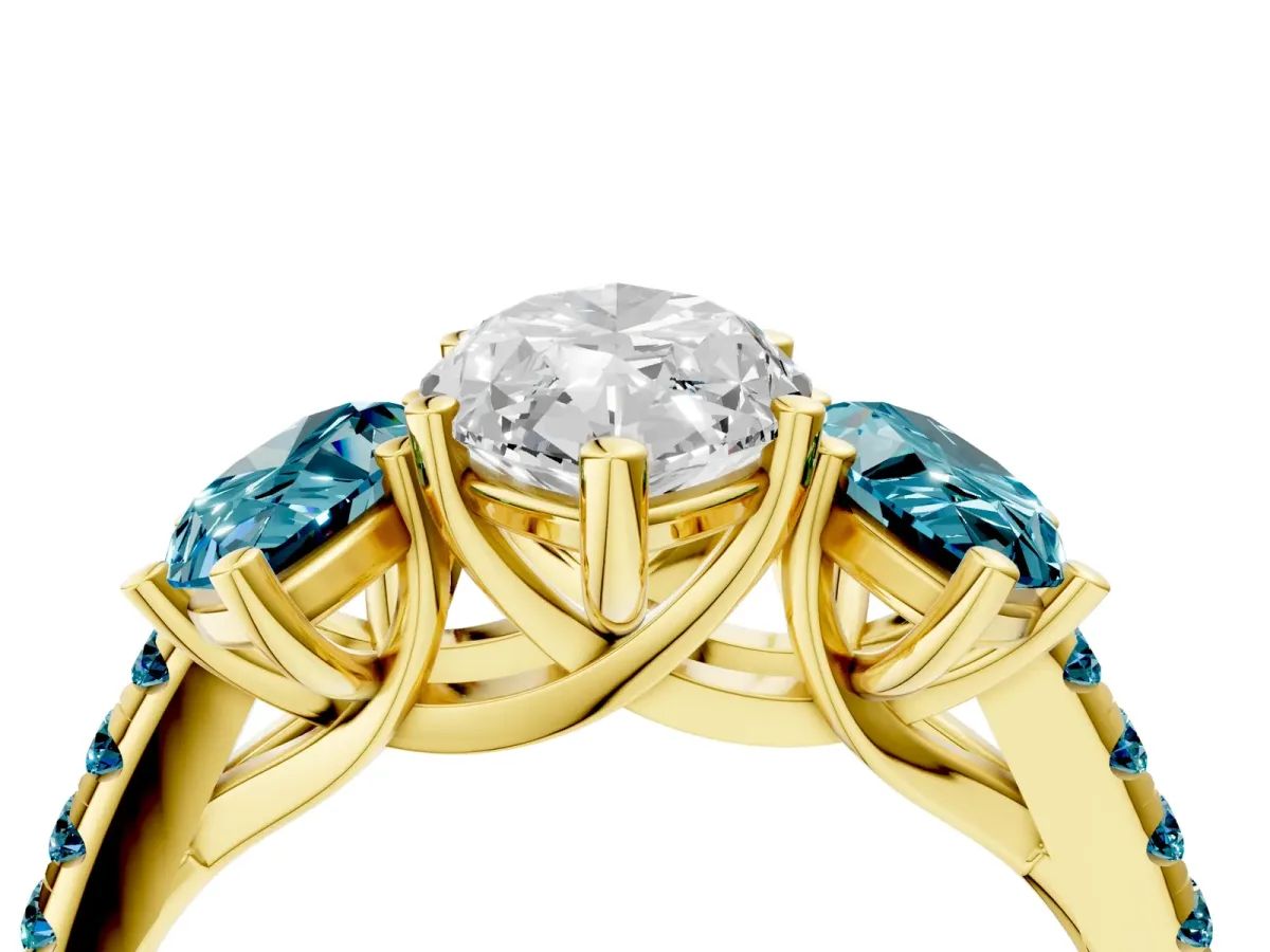 Three-Stone Marquise Cut Diamond Ring with Round Blue Topaz Pavé Band and Prong Setting Yellow gold