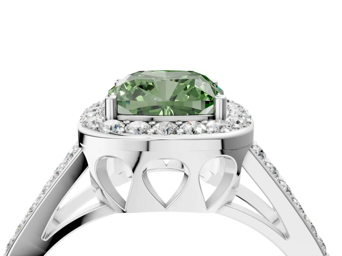 Fancy Green Cushion Cut Diamond Halo Ring with Split Shank U-Prong Band and Four-Prong Setting White gold
