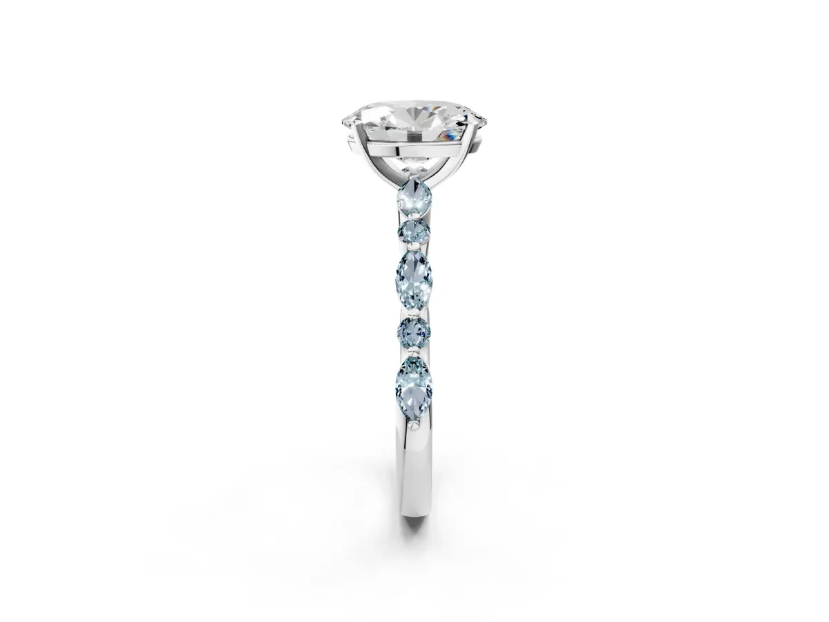 Oval Cut Diamond Ring with Marquise and Round Aquamarine Side Stones and Four-Prong Setting White gold
