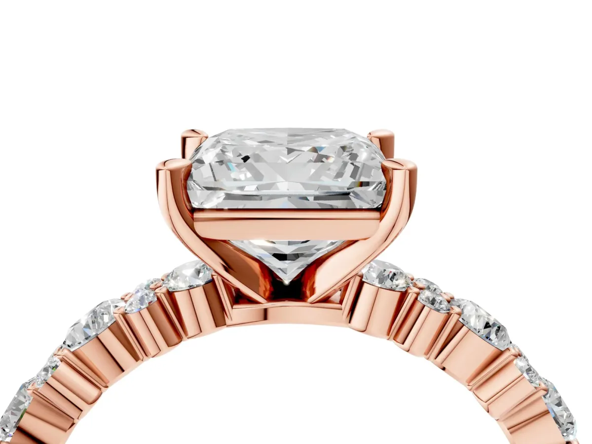 Princess Cut Diamond Side Stone Solitaire Ring with Round and Four-Prong Setting Rose gold