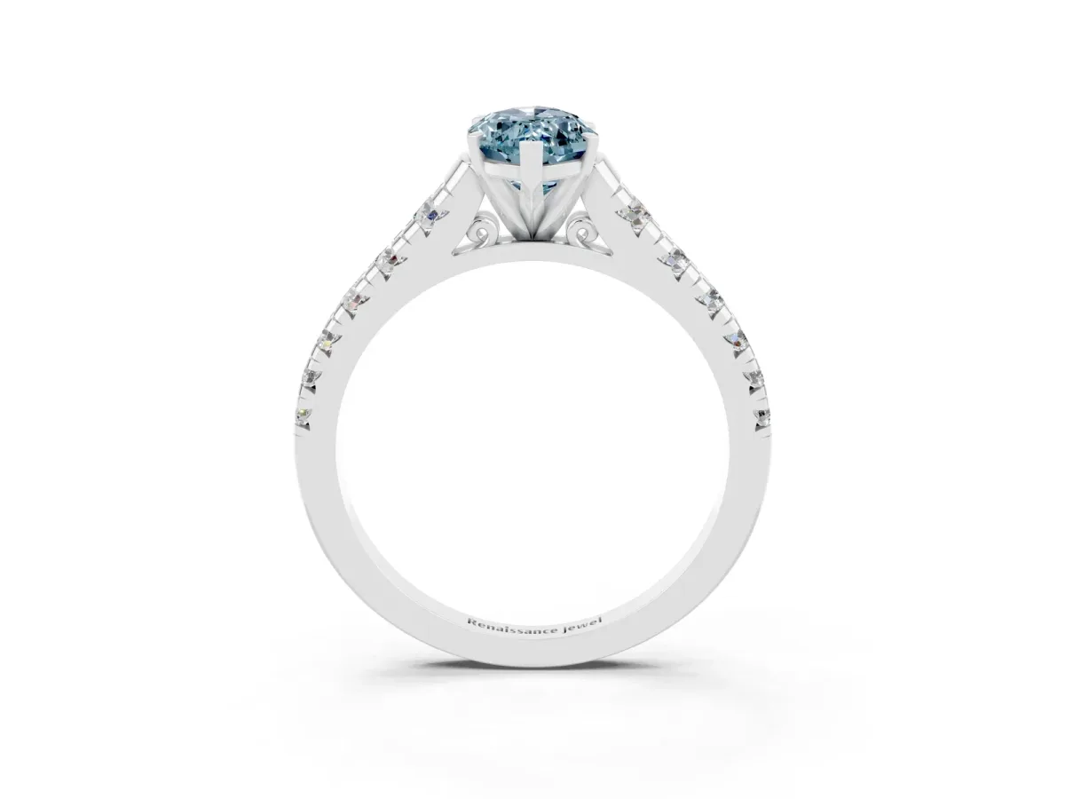Marquise Cut Aquamarine Cathedral Solitaire Ring with Round Pavé Band White gold