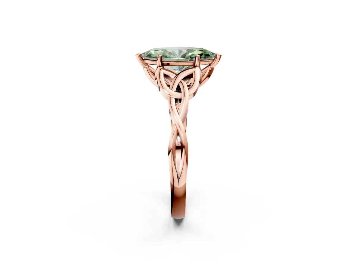 Fancy Green Marquise Cut Diamond Solitaire Engagement Ring with Celtic Knot Band and Four-Prong Setting Rose gold