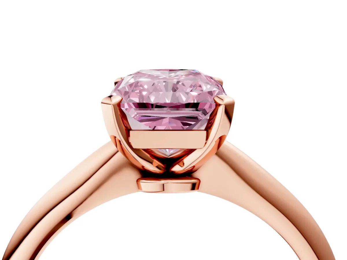 Fancy Pink Radiant Cut Diamond Solitaire Engagement Ring with Classic Band and Four-Prong Setting Rose gold