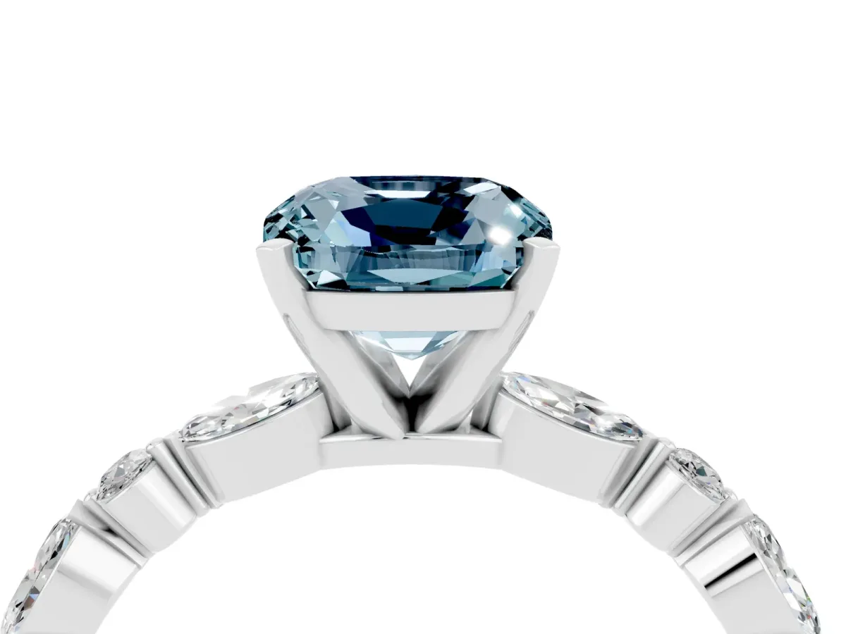 Cushion Cut Aquamarine Ring with Marquise and Round Side Stones and Four-Prong Setting White gold