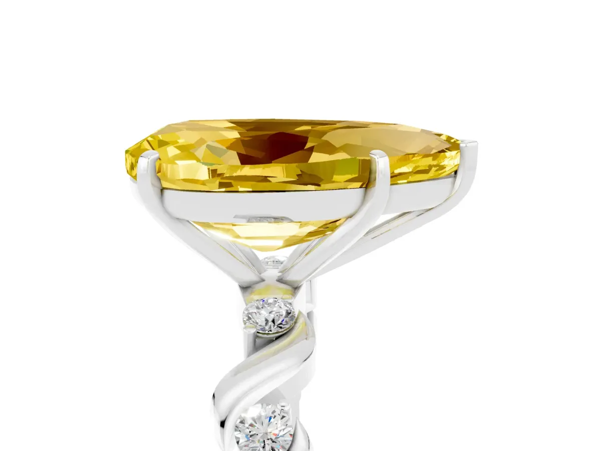 Pear Cut Yellow Sapphire Solitaire Twisted Band with Round Accents and Prong Setting White gold