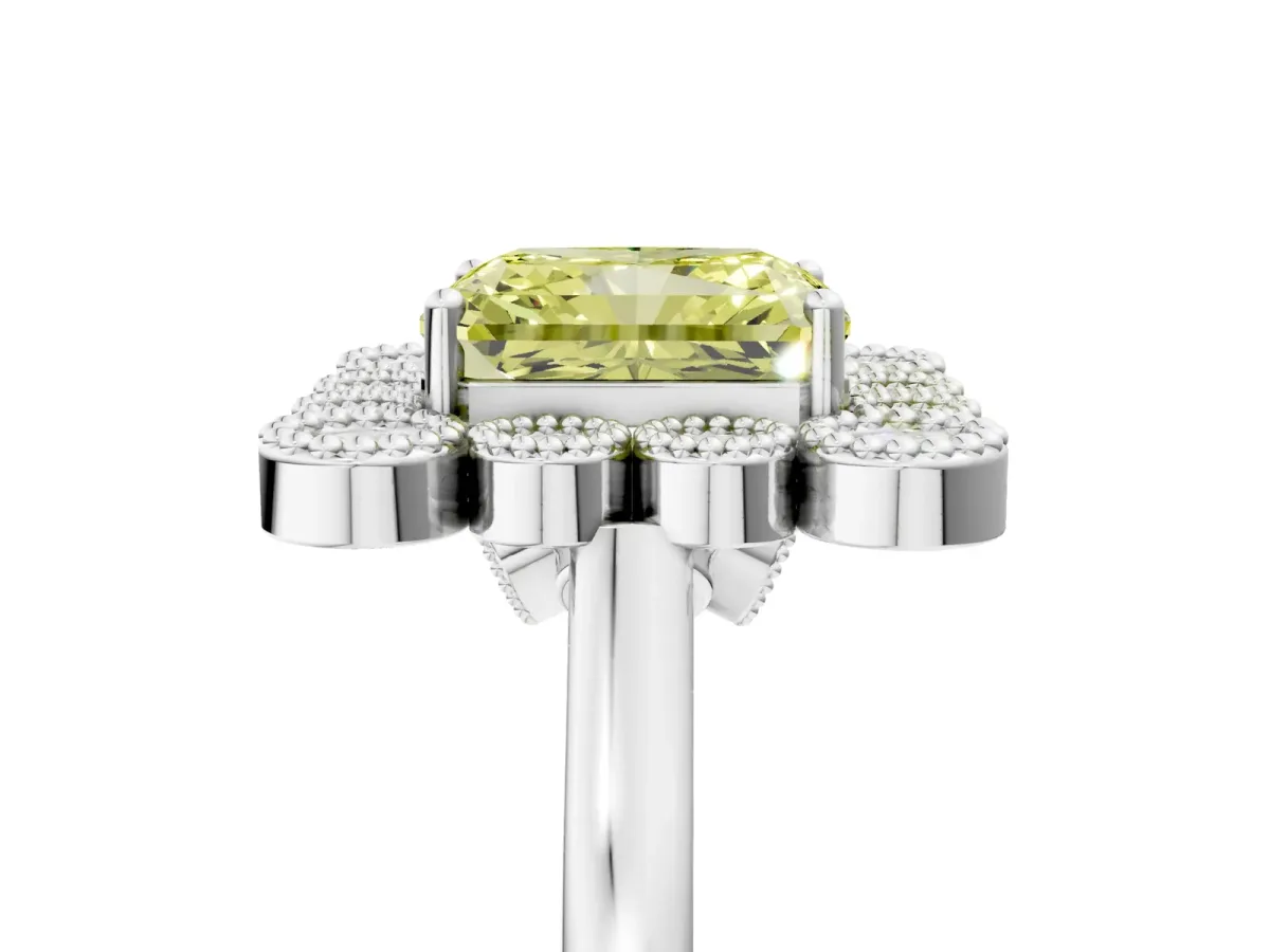 Fancy Yellow Radiant Cut Halo Diamond Cluster Engagement Ring with Milgrain Bezel Setting and Solitaire Band Platinum
