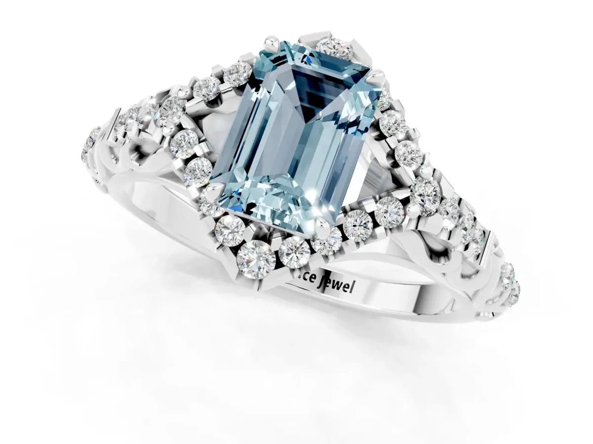 Emerald Cut Aquamarine Solitaire Ring with Hidden Halo and Pavé Band White gold