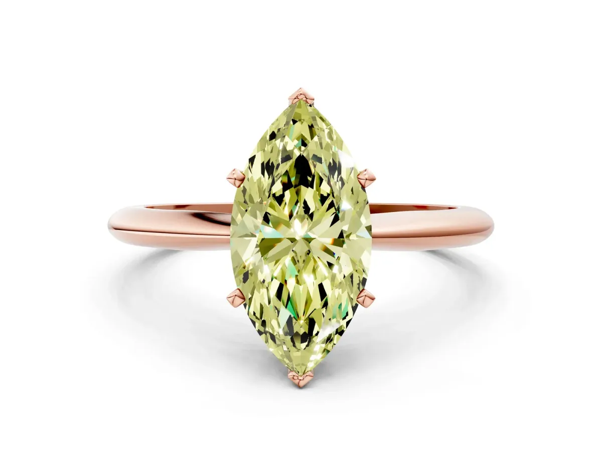 Fancy Yellow Marquise Cut Diamond Solitaire Engagement Ring with Classic Band and Four-Prong Setting Rose gold
