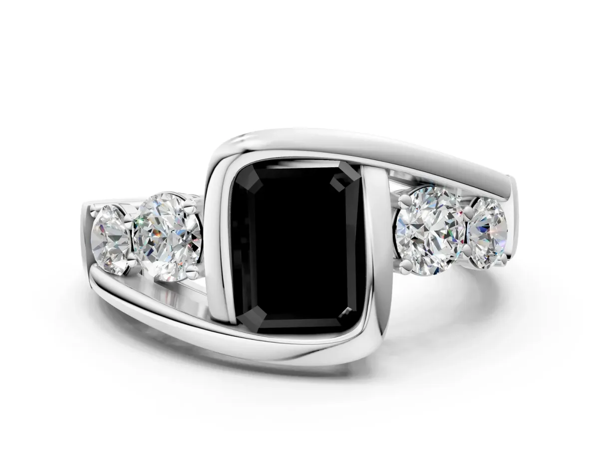 Fancy Black Bezel Set Emerald Cut Diamond Bypass Ring with Round Accents Silver