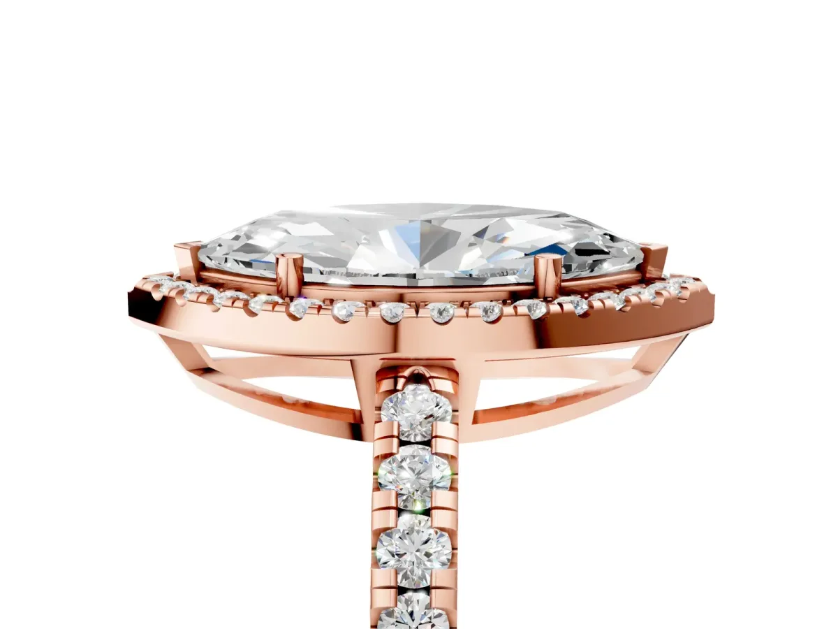 Marquise Cut Diamond Halo Ring with Pavé Band and Four-Prong Setting Rose gold