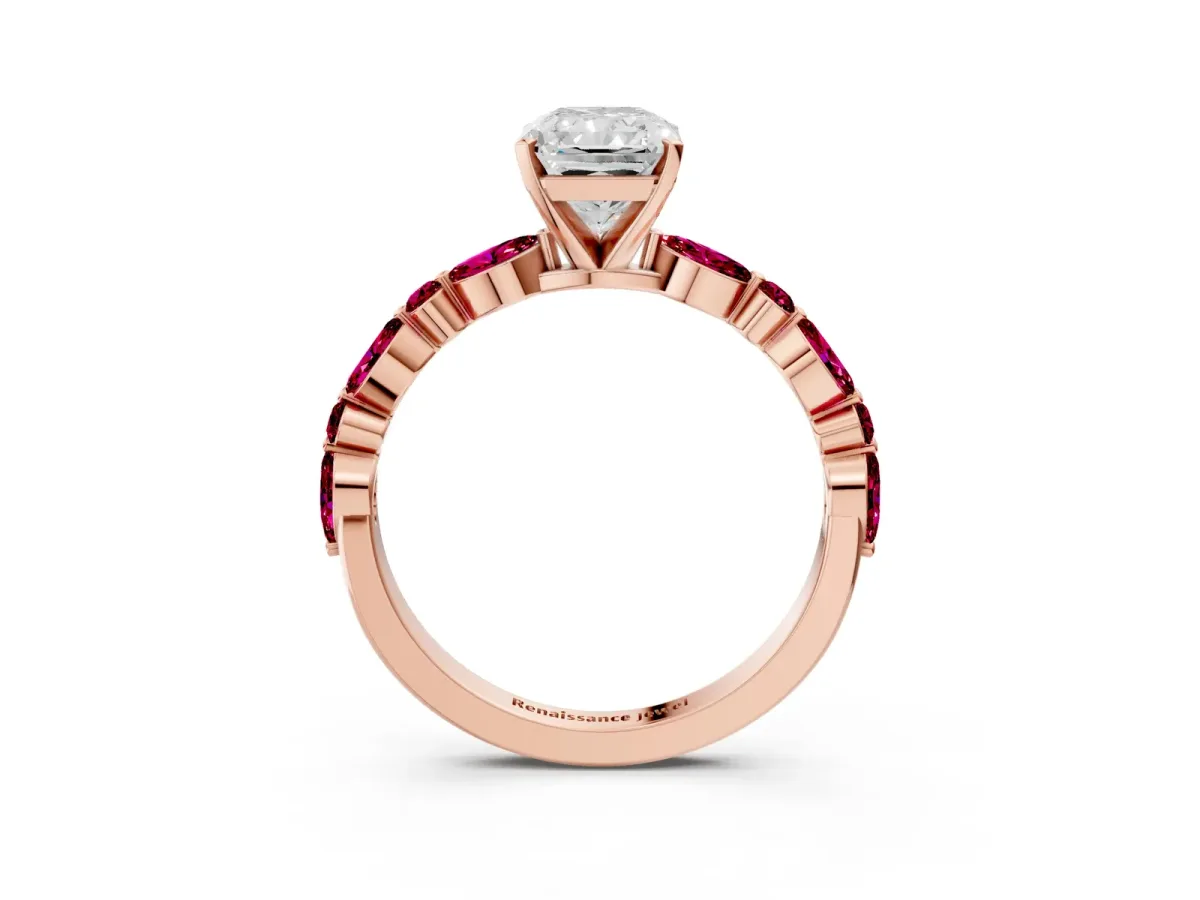 Radiant Cut Diamond Ring with Marquise and Round Garnet Side Stones and Four-Prong Setting Rose gold