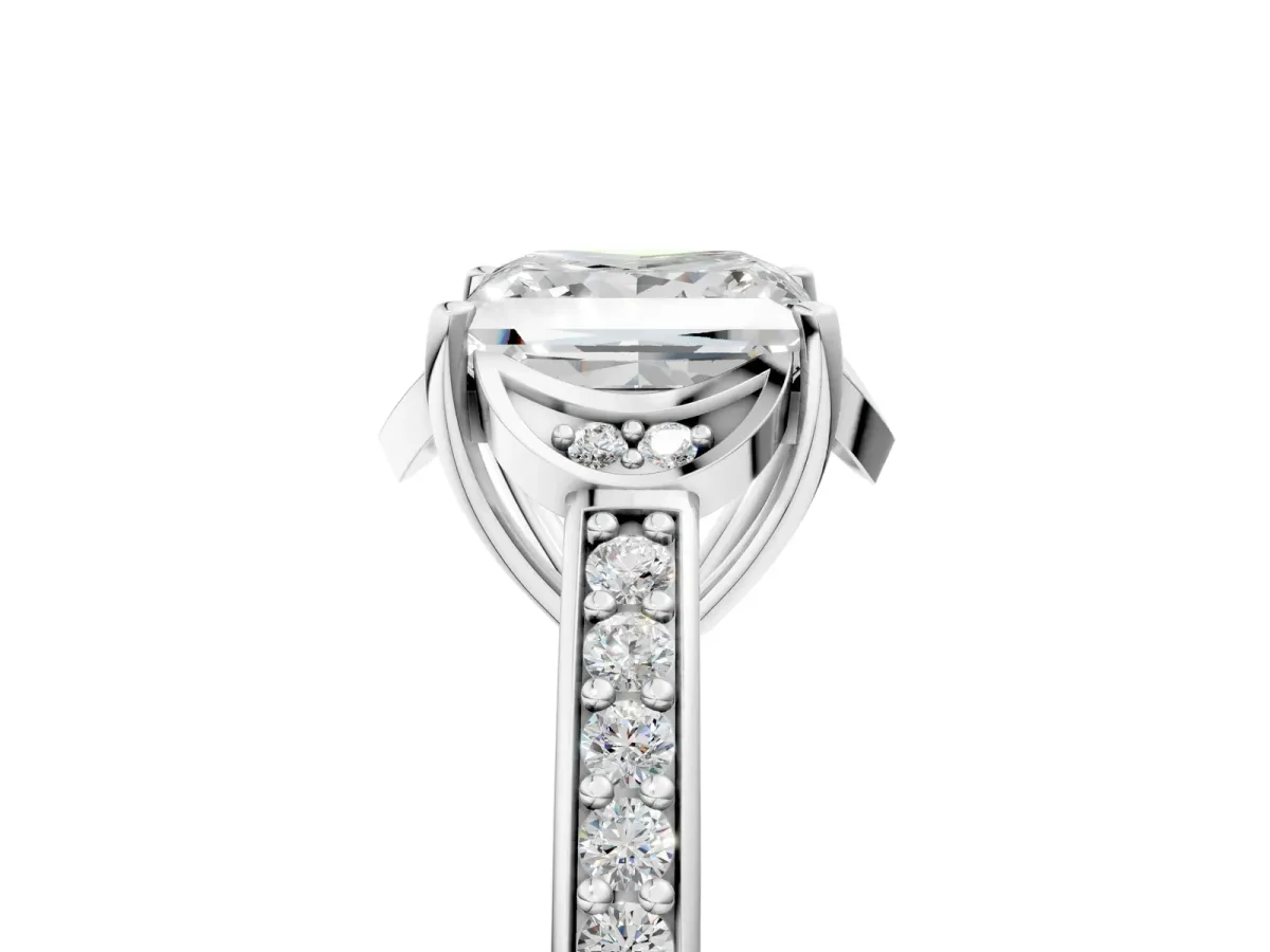 Princess Cut Cut Halo Diamond Ring with Channel Set Band and Four-Prong Setting White gold