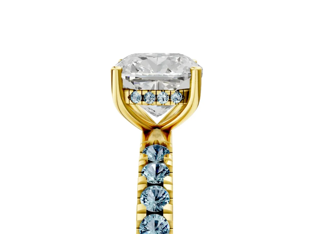 Cushion Cut Diamond Pave Band Solitaire Ring with Round Aquamarine and Prong Setting Yellow gold